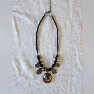 1928 Victorian Style Floral Pendant Black Cord Brass Tone Charms Collar Necklace